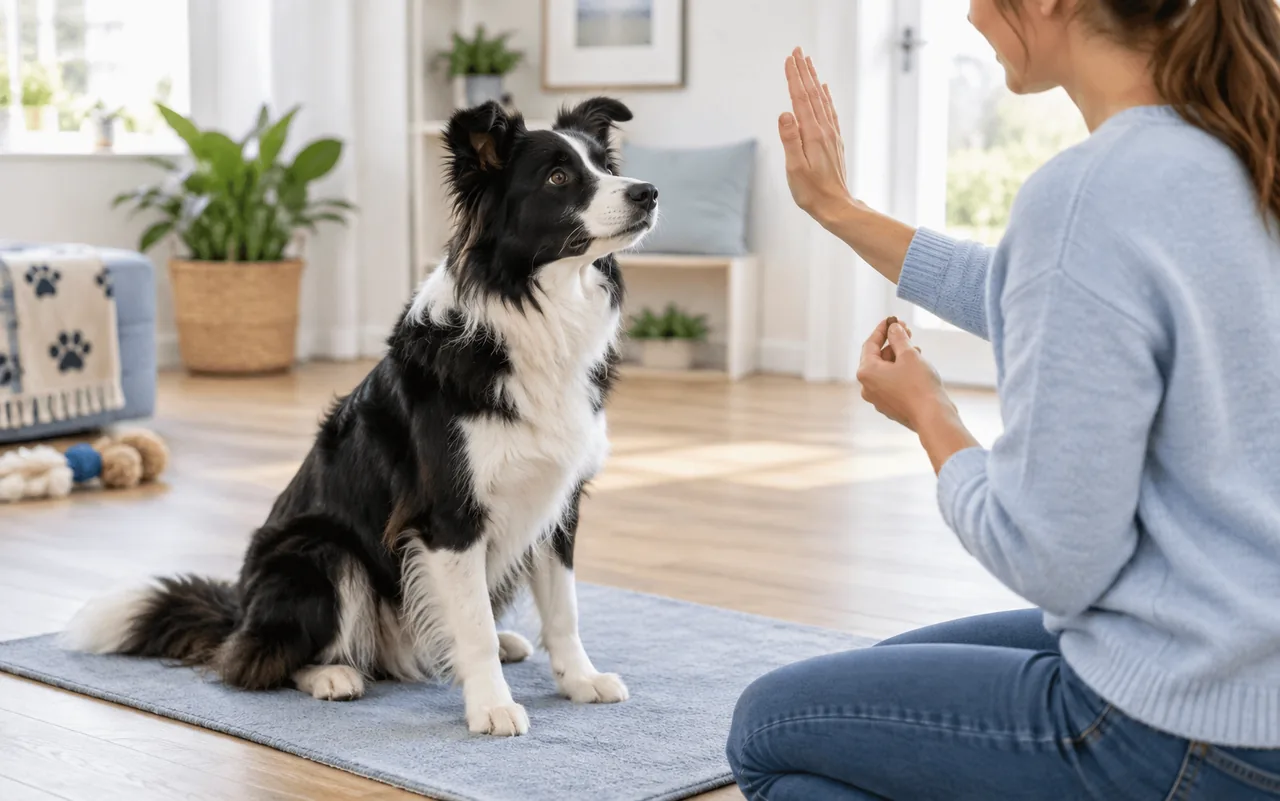Border Collie practicing a hand-signal training exercise at home
