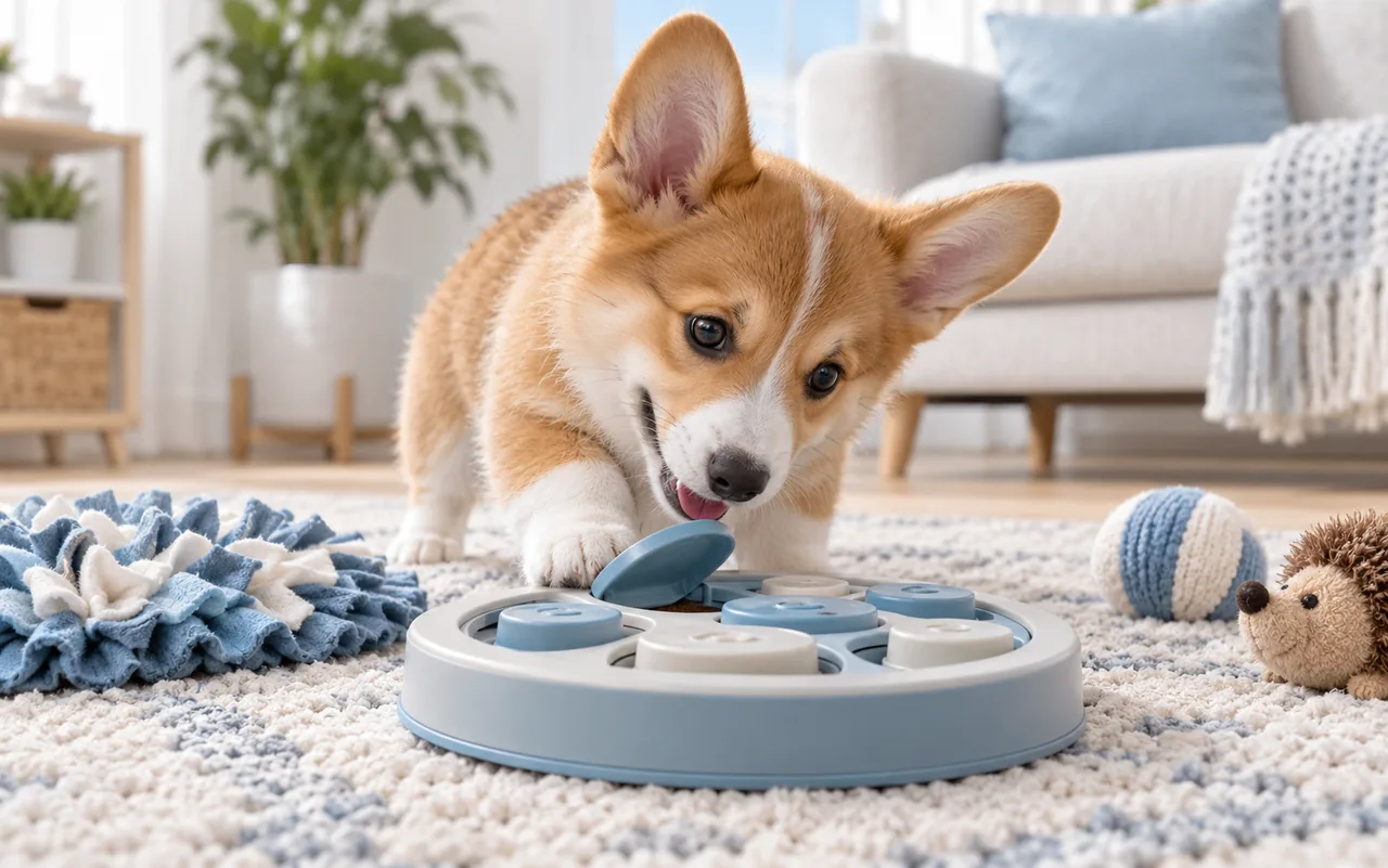 Corgi puppy exploring an interactive puzzle toy