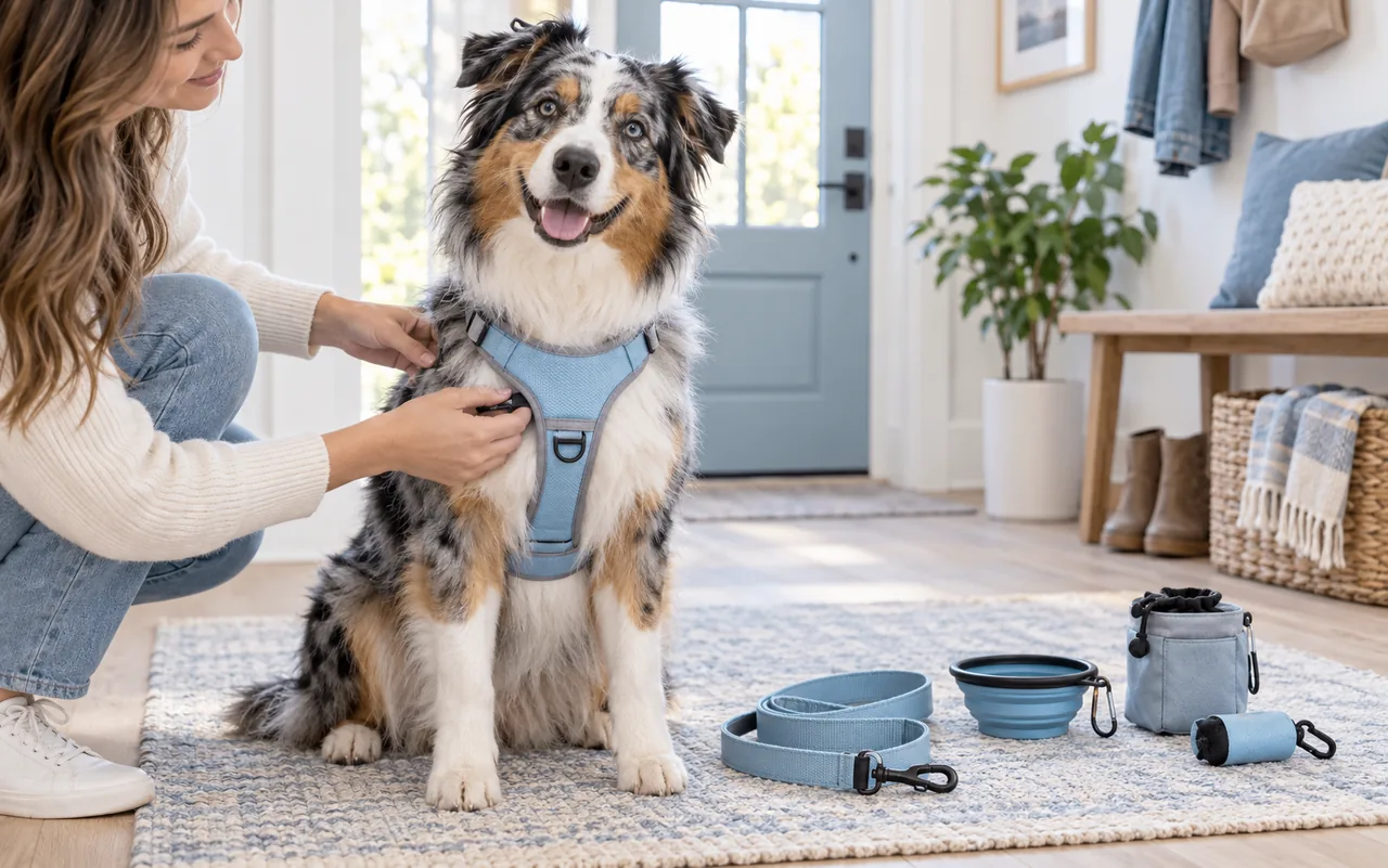 Australian Shepherd wearing a blue harness beside walking gear