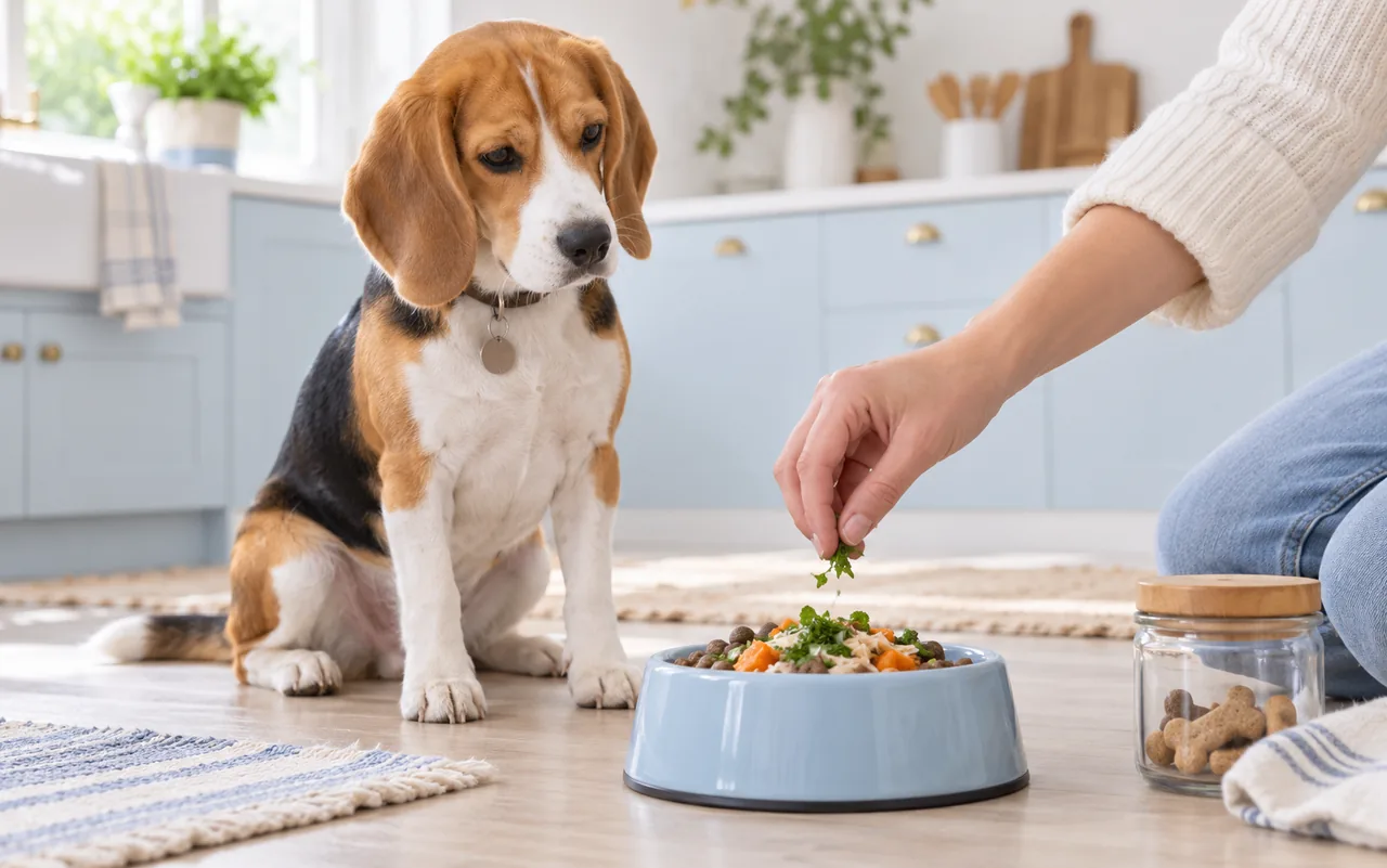 Beagle waiting beside a bowl of fresh dog food