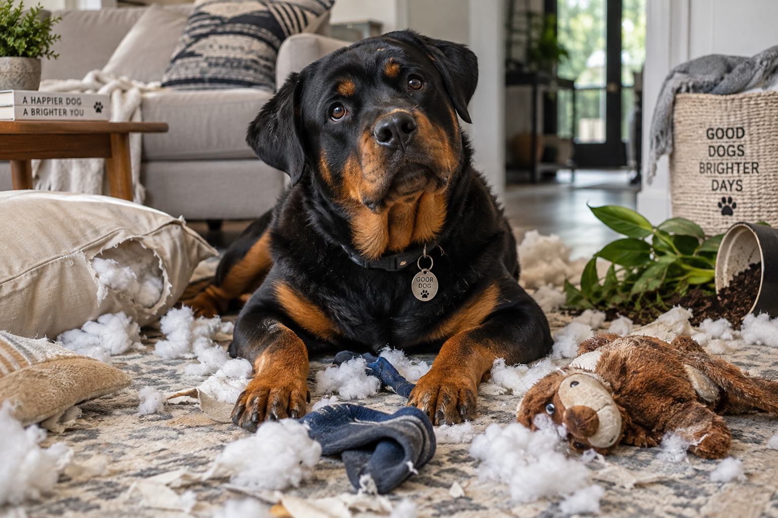Bored Rottweiler surrounded by a chewed pillow, scattered stuffing and toys after finding his own entertainment at home.