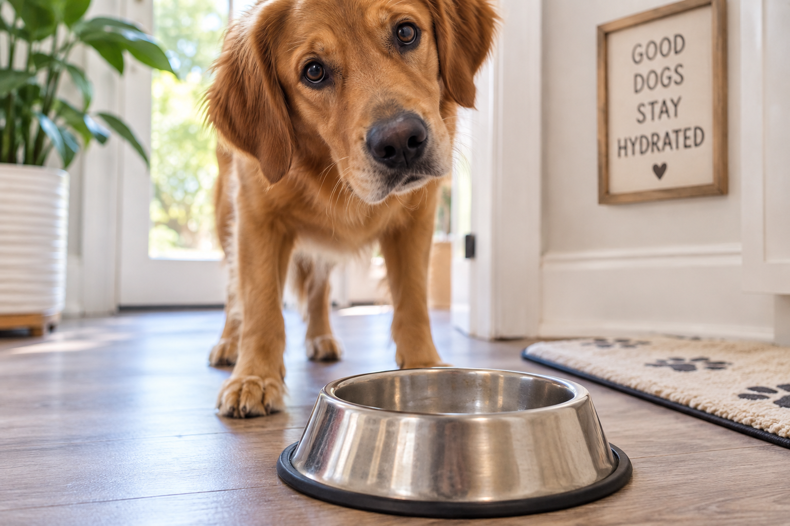 Golden retriever standing behind an empty water bowl at home, illustrating increased thirst and changes in a dog’s drinking habits.