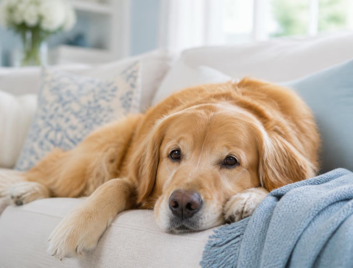 A golden retriever resting its head on a light cream sofa, looking tired and a little gloomy