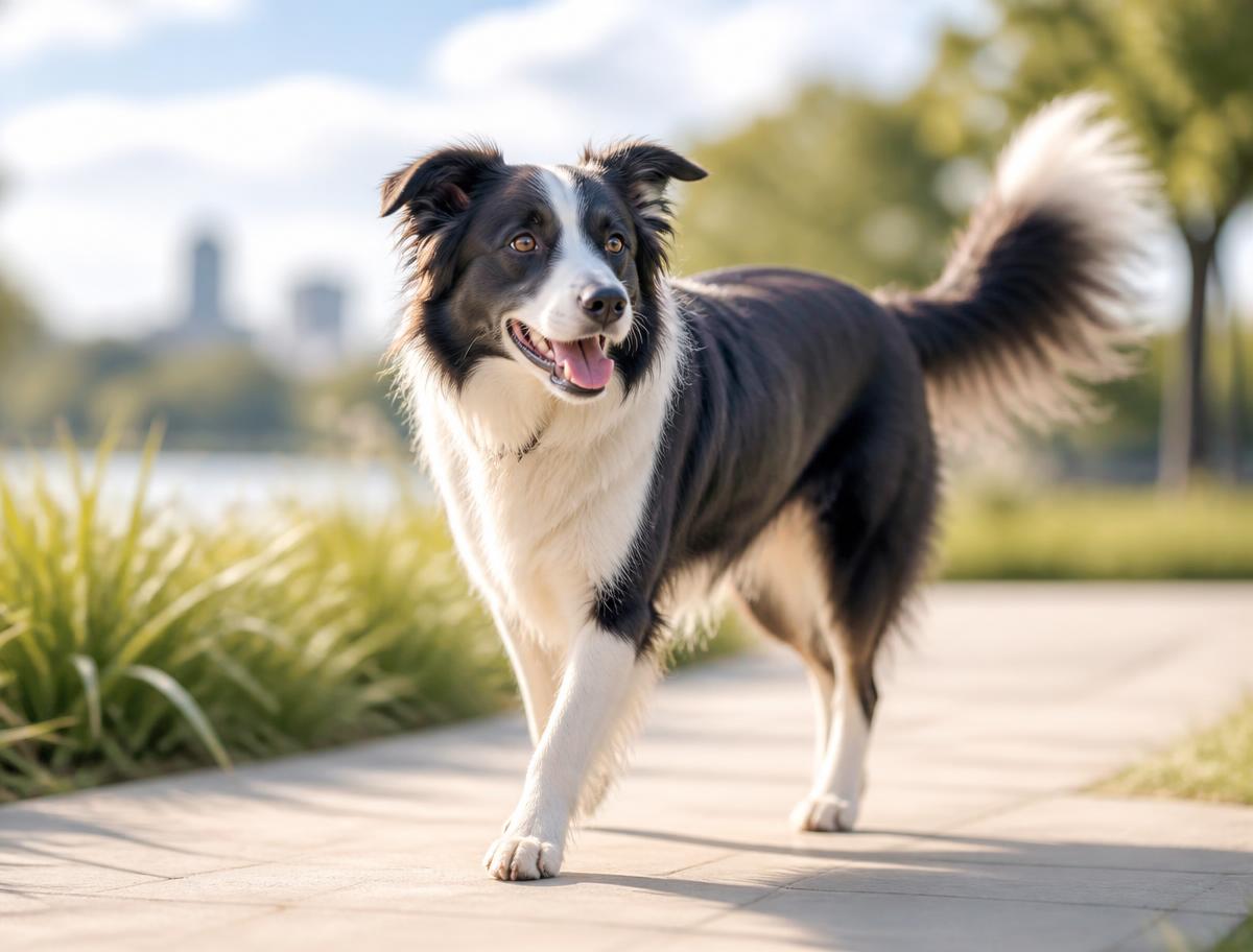 A border collie with a relaxed, raised tail walking confidently on a sunlit path
