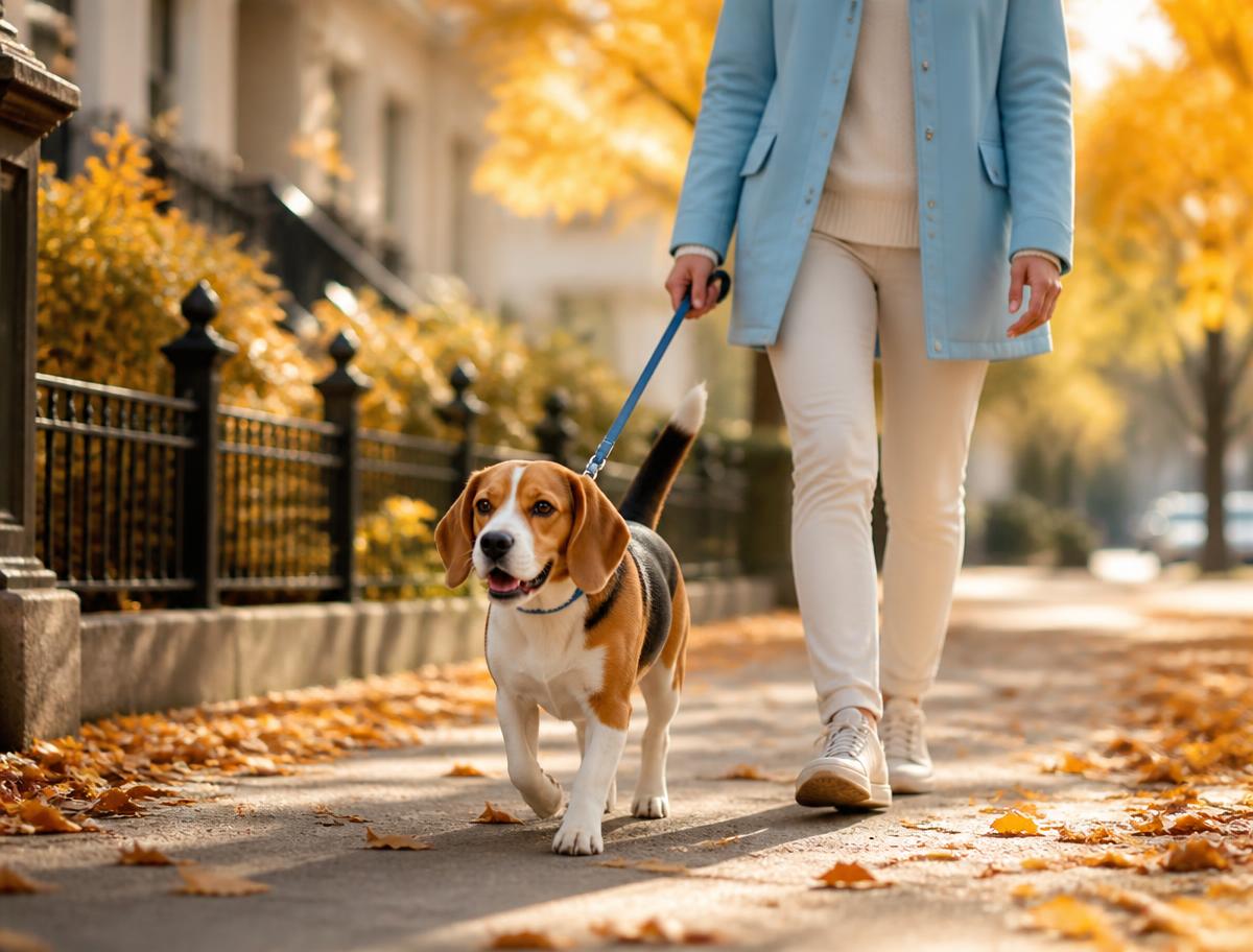A person in a light blue jacket walking a beagle along a leaf-covered autumn sidewalk